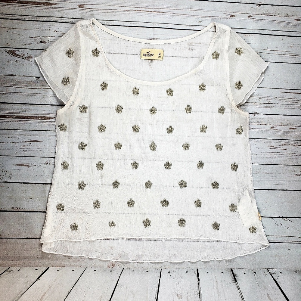 Hollister White Sheer Beaded Embellished Top Med